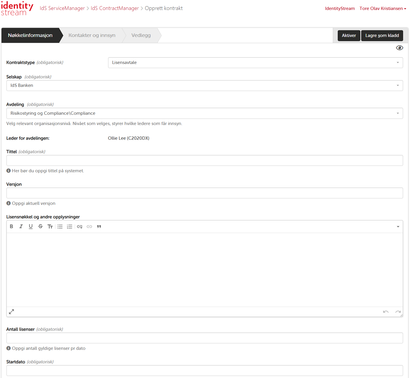 Opprettelse av ny kontrakt - steg 2