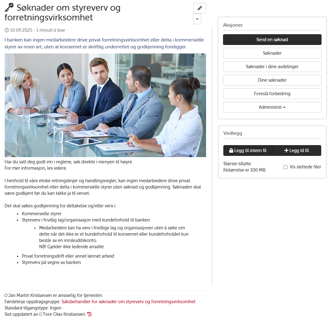 Landingsside for søknad om styreverv og forretningsvirksomhet
