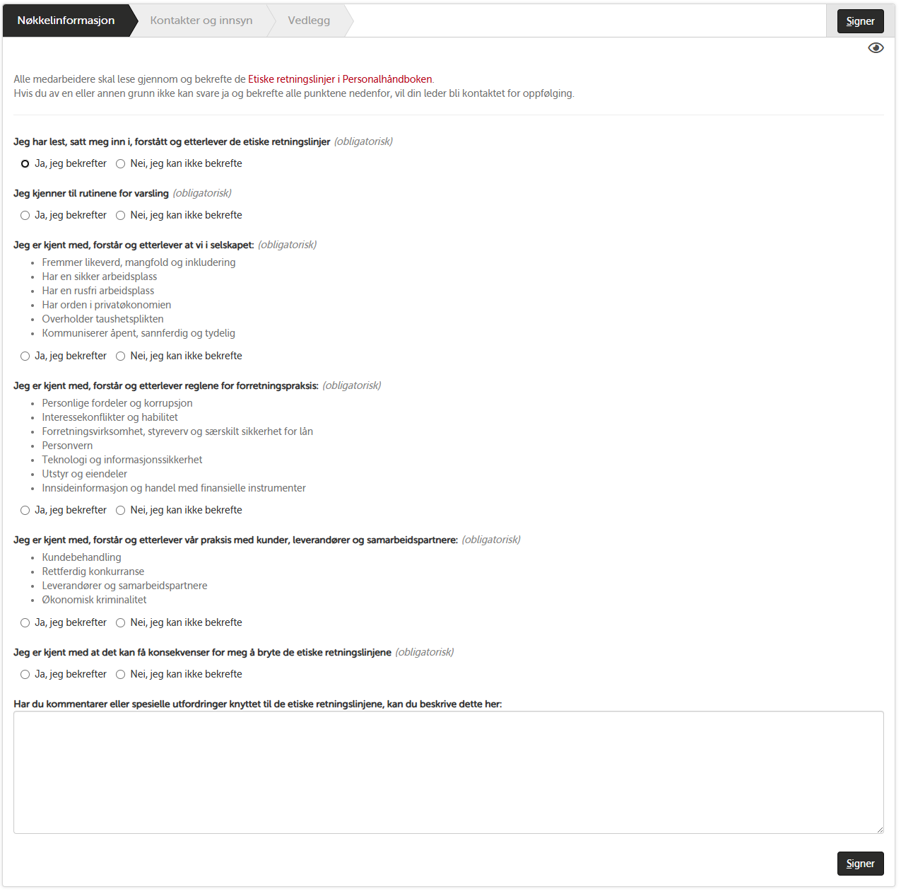 Skjema for signering av etiske retningslinjer