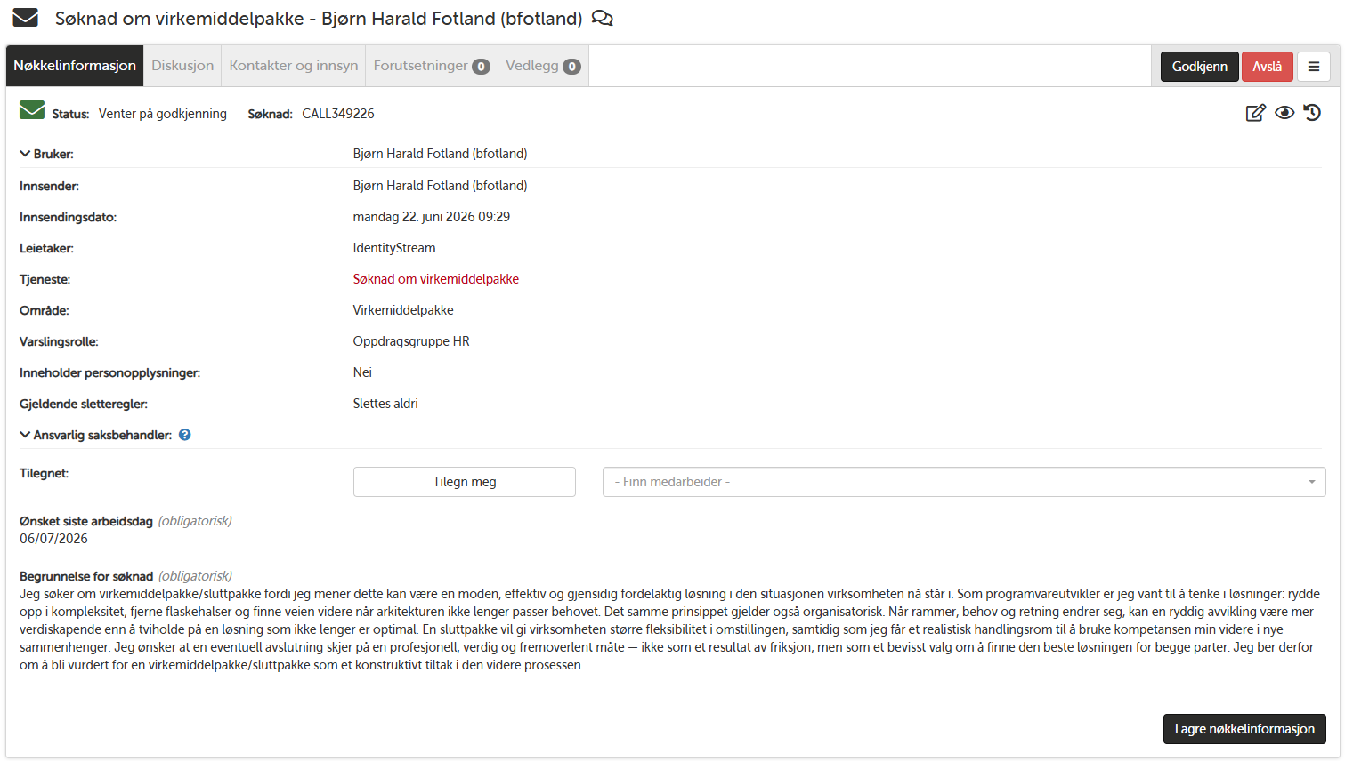 Detail view of a severance package application