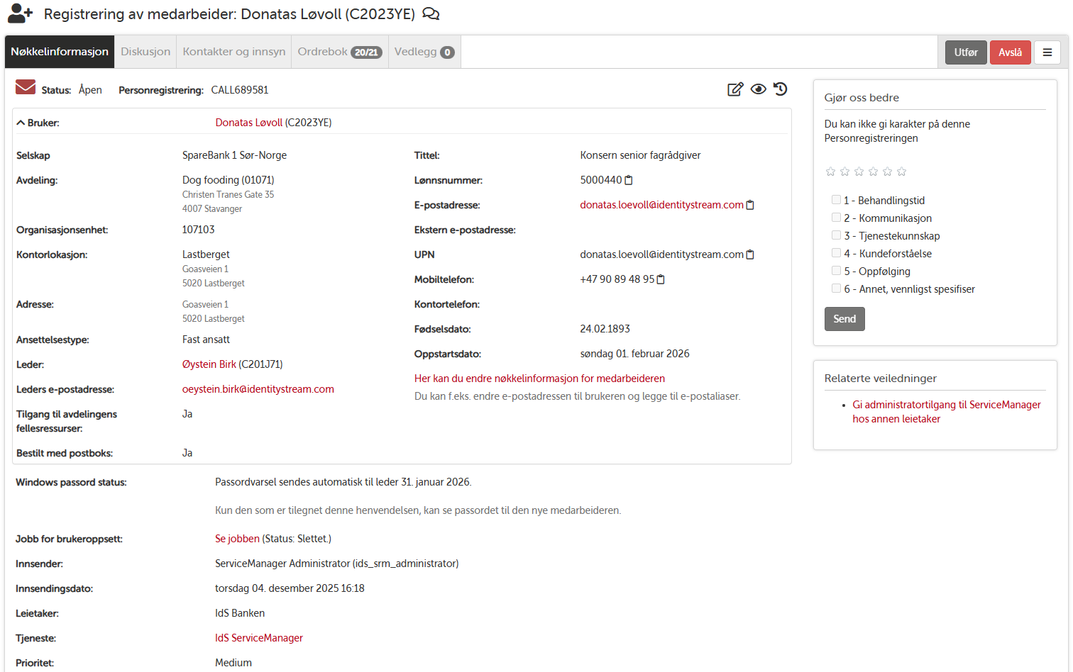 Case for employee registration – key information