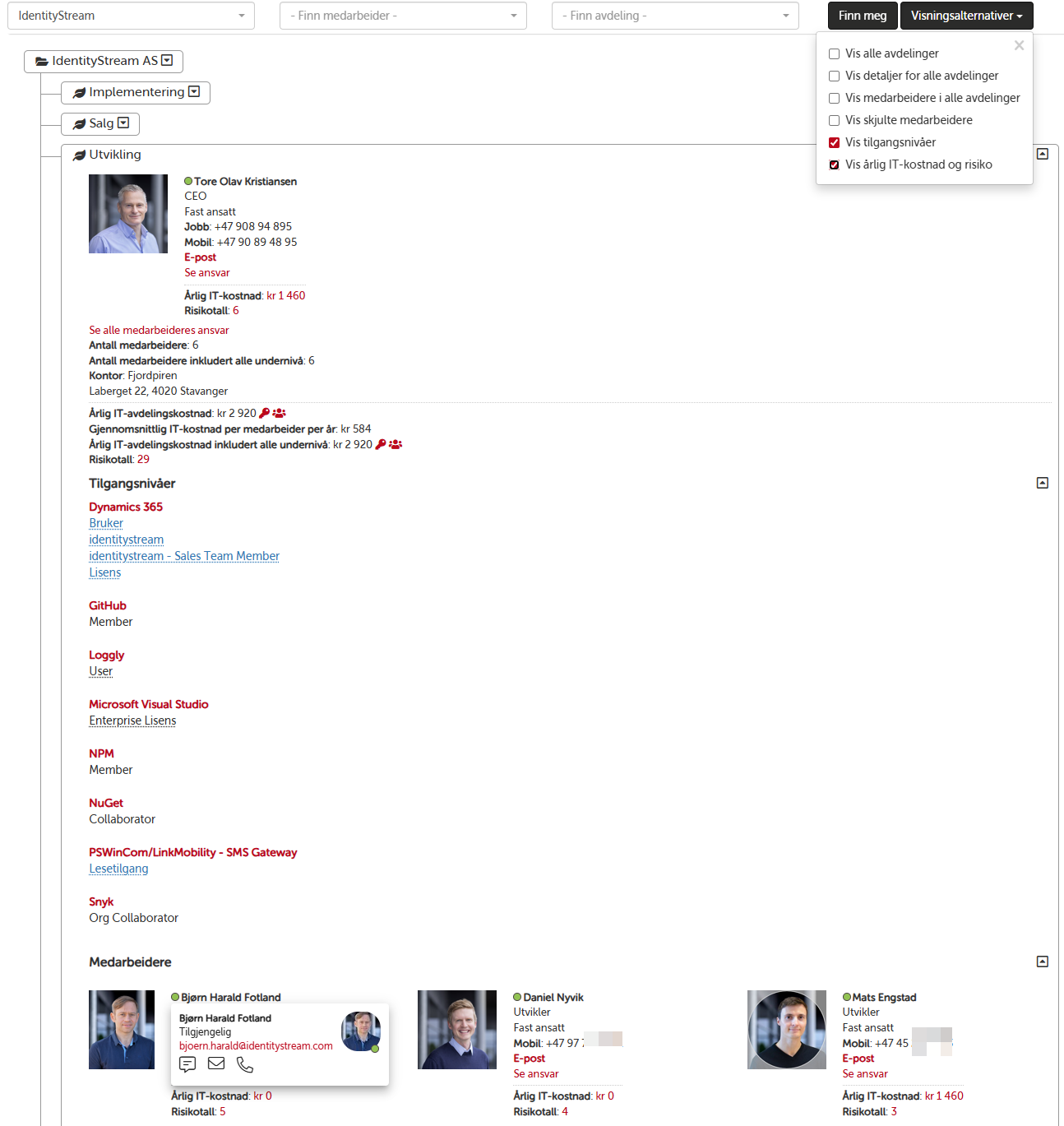 Organization chart with manager, costs, risk scores and access levels