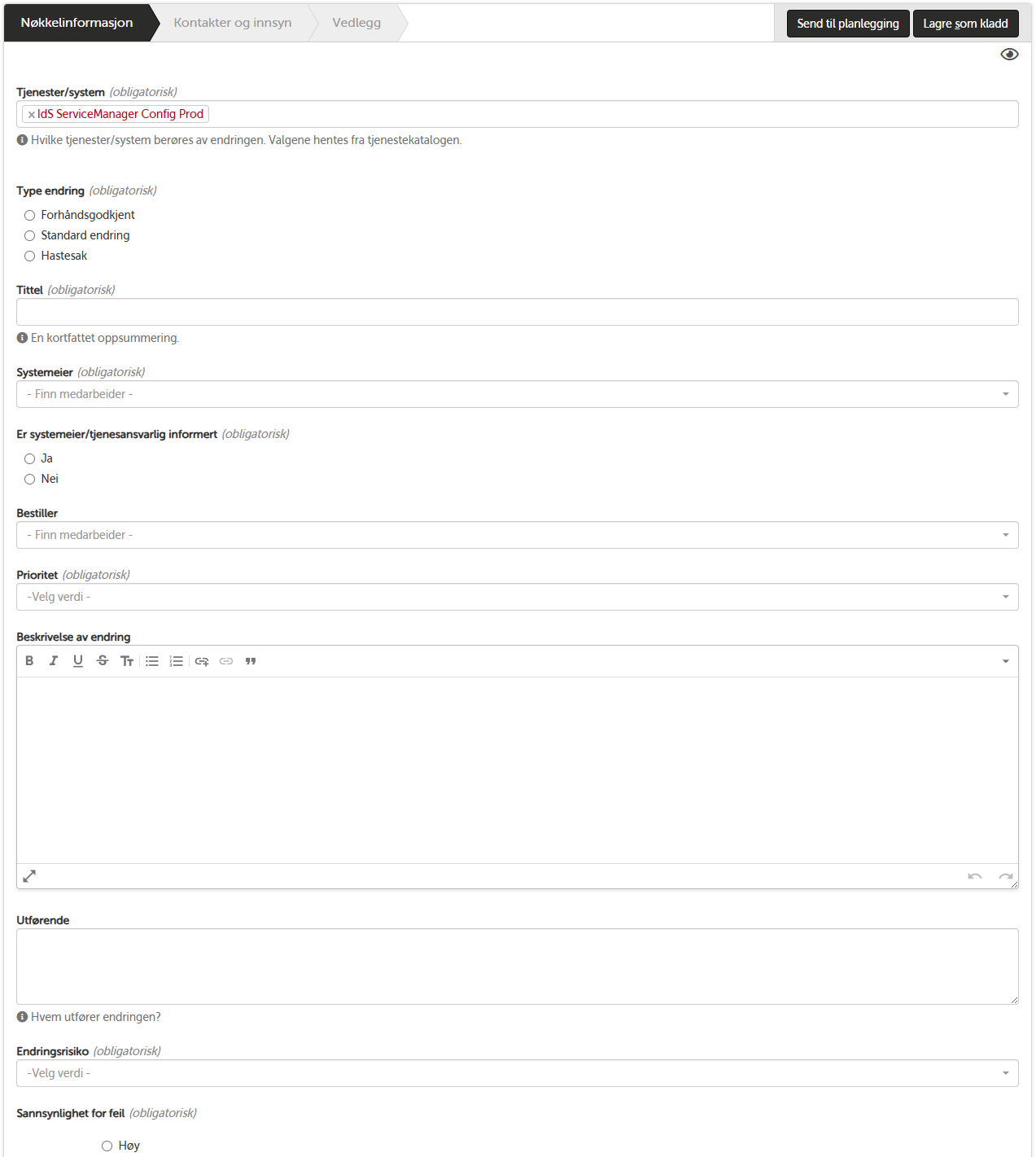 Skjema for å registrere en ny endring