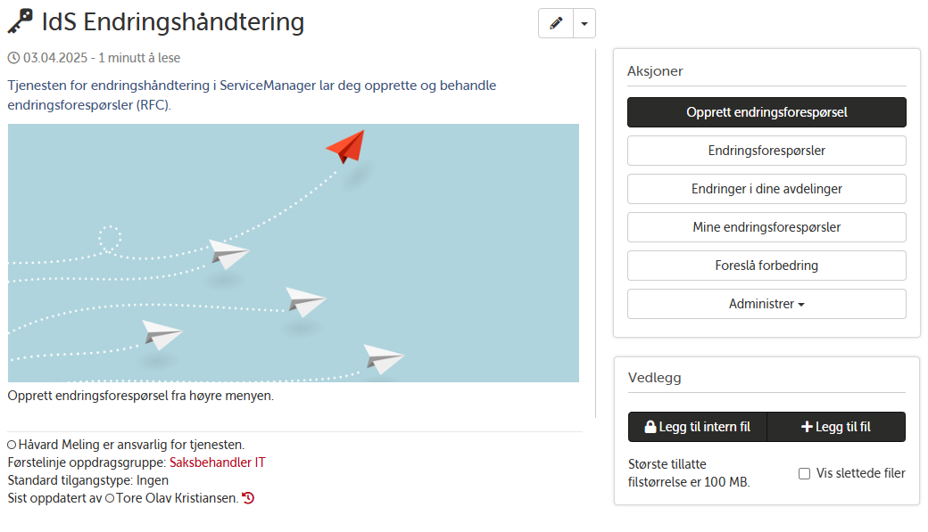 Landingsside for endringshåndtering