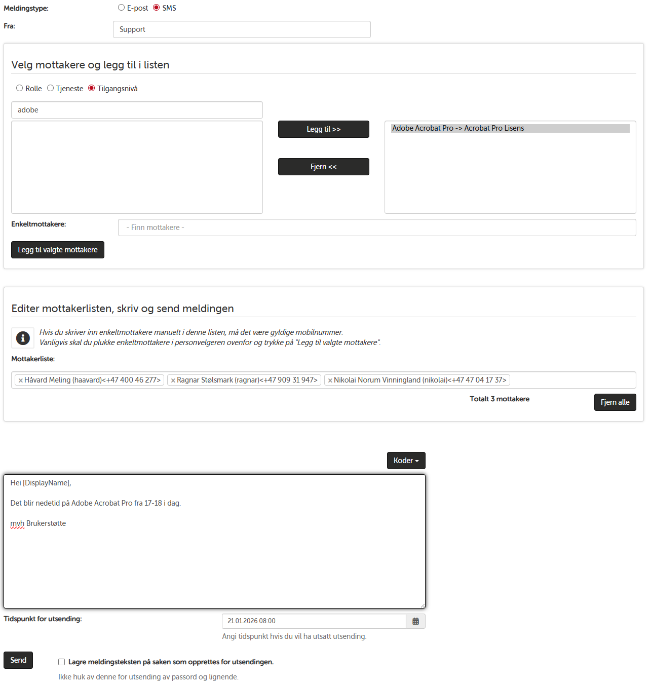 Skjema for å sende melding i meldingspanelet