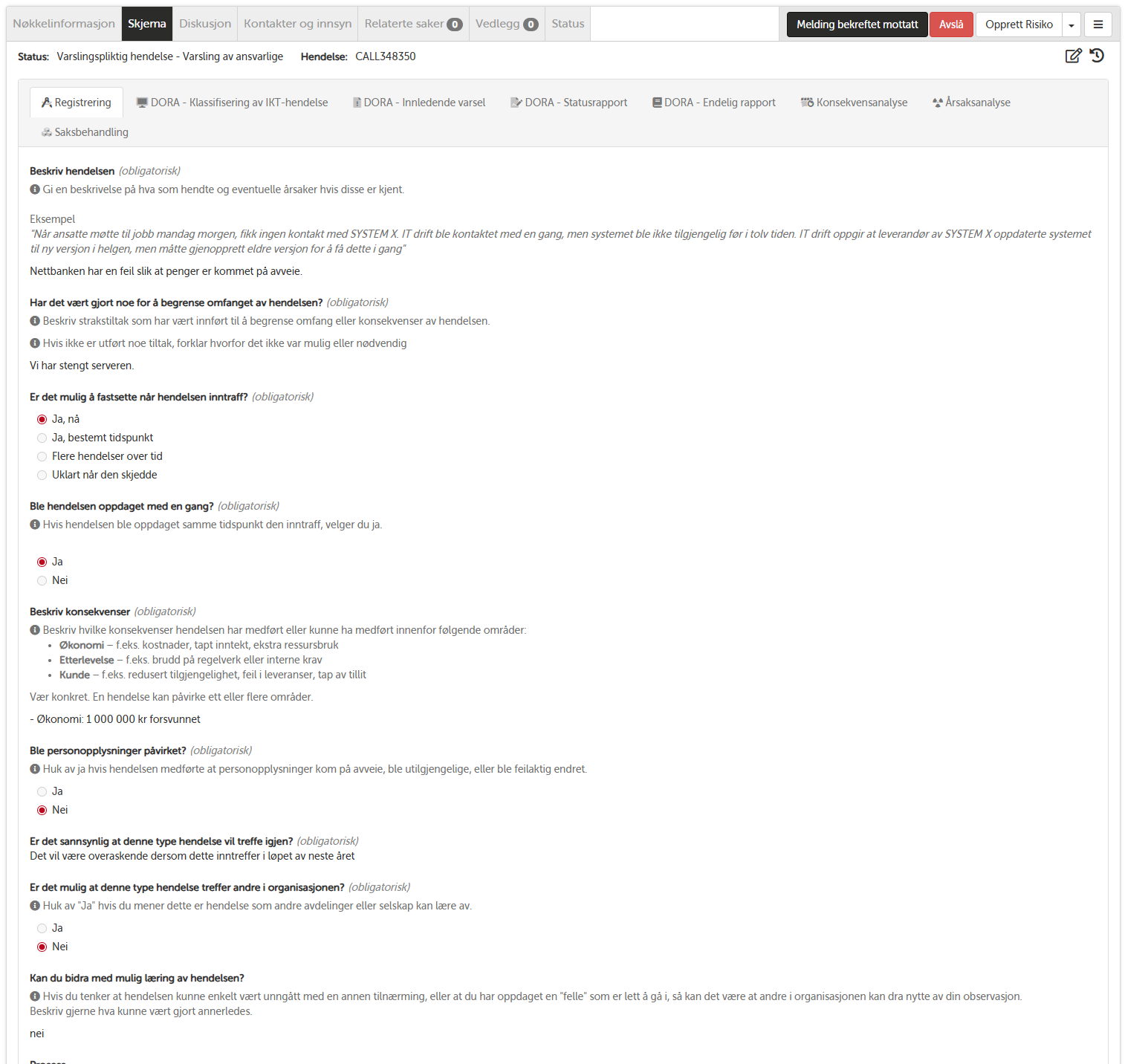 Registreringsskjema for hendelse