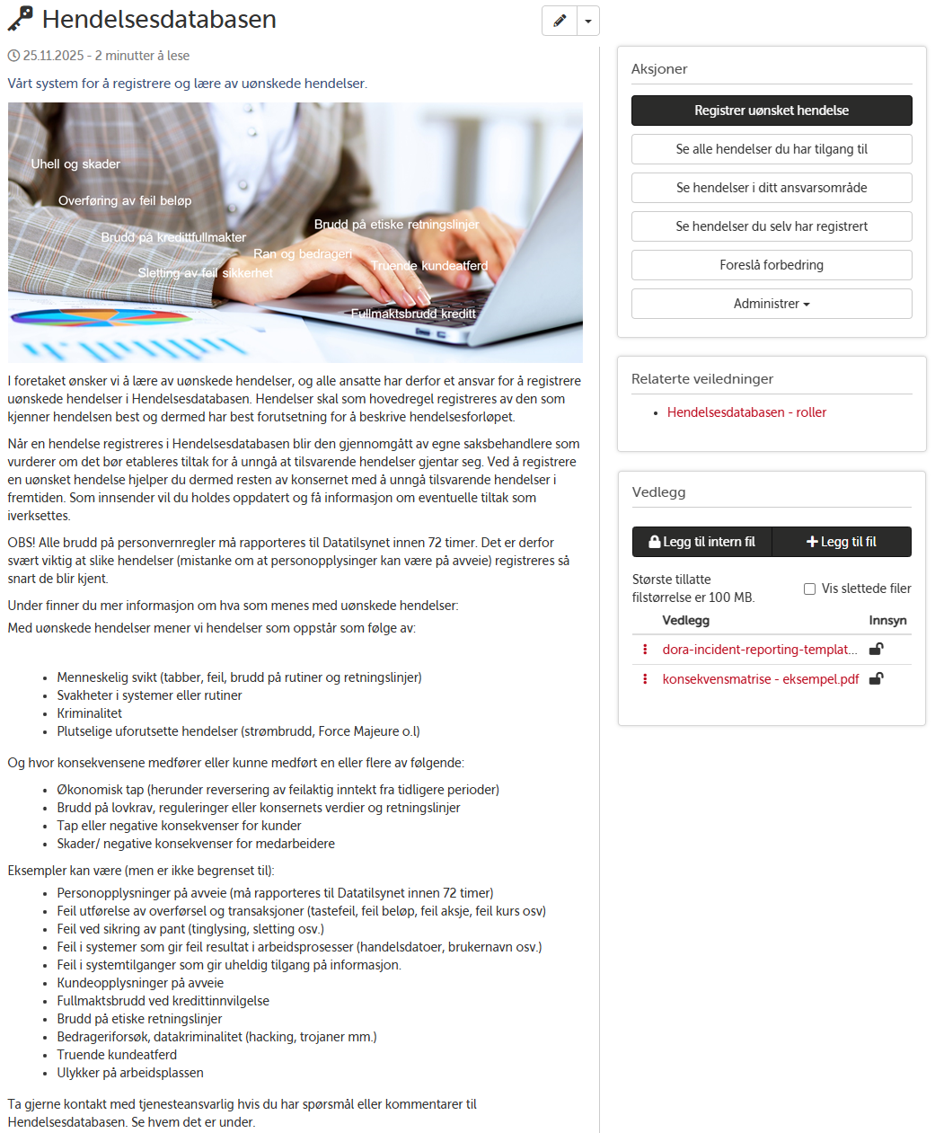 Landingsside for Hendelsesdatabasen